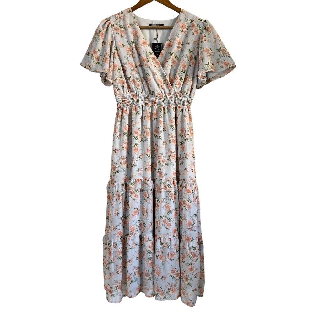MIKAROSE NWT The Jessa Bluebell Tiered Midi Flutter Sleeve Floral Dress
